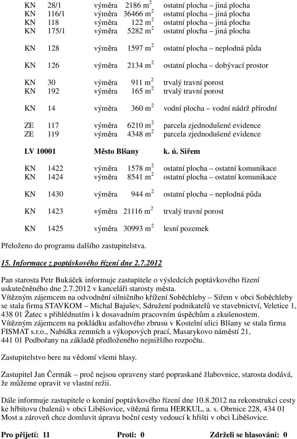 KN 14 výměra 360 m 2 vodní plocha vodní nádrž přírodní ZE 117 výměra 6210 m 2 parcela zjednodušené evidence ZE 119 výměra 4348 m 2 parcela zjednodušené evidence LV 10001 Město Blšany k. ú.