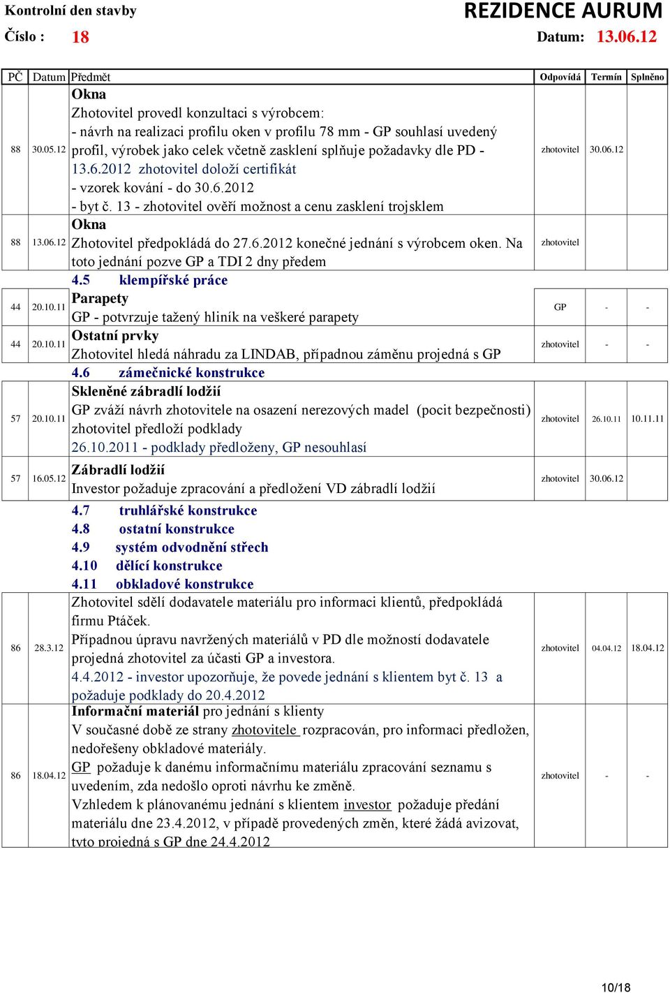 2012 zhotovitel doloží certifikát - vzorek kování - do 30.6.2012 - byt č. 13 - zhotovitel ověří možnost a cenu zasklení trojsklem Okna Zhotovitel předpokládá do 27.6.2012 konečné jednání s výrobcem oken.