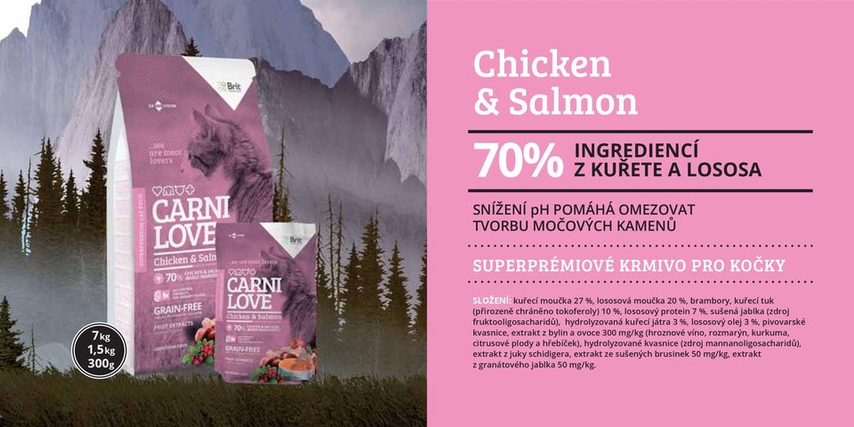 fruktooligosacharidů), hydrolyzovaná kuřecí játra 3 %, lososový olej 3 %, pivovarské kvasnice, extrakt z bylin a ovoce 300 mg/kg (hroznové víno, rozmarýn,