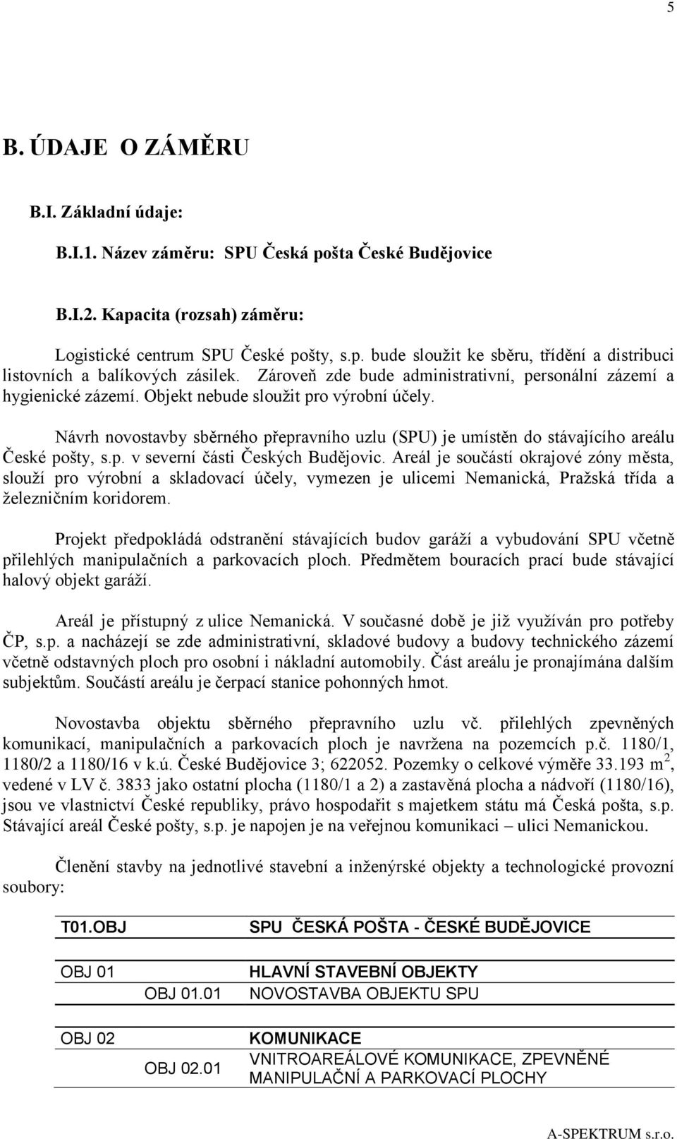 Návrh novostavby sběrného přepravního uzlu (SPU) je umístěn do stávajícího areálu České pošty, s.p. v severní části Českých Budějovic.