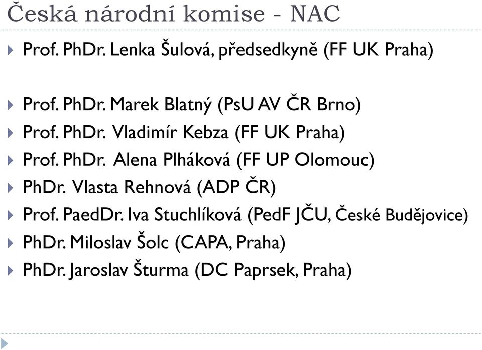 Vlasta Rehnová (ADP ČR) Prof. PaedDr. Iva Stuchlíková (PedF JČU, České Budějovice) PhDr.