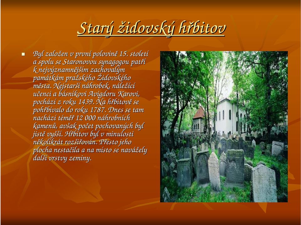 Nejstarší náhrobek, nálen ležící učenci a básnb sníkovi Avigdoru Karovi, pochází z roku 1439. Na hřbitovh bitově se pohřbívalo do roku 1787.
