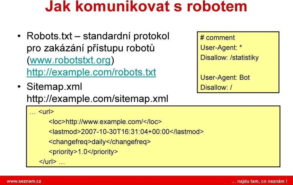 xml # comment User-Agent: * Disallow: /statistiky User-Agent: Bot Disallow: / <url> <loc>http://www.