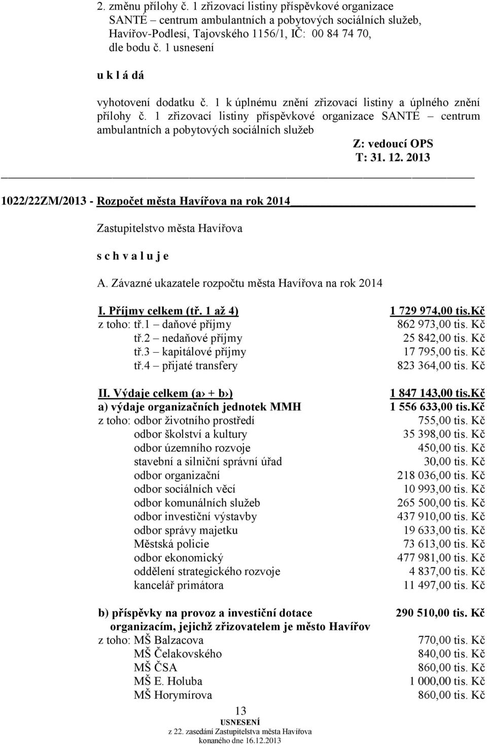 1 zřizovací listiny příspěvkové organizace SANTÉ centrum ambulantních a pobytových sociálních služeb Z: vedoucí OPS T: 31. 12. 2013 1022/22ZM/2013 - Rozpočet města Havířova na rok 2014 A.