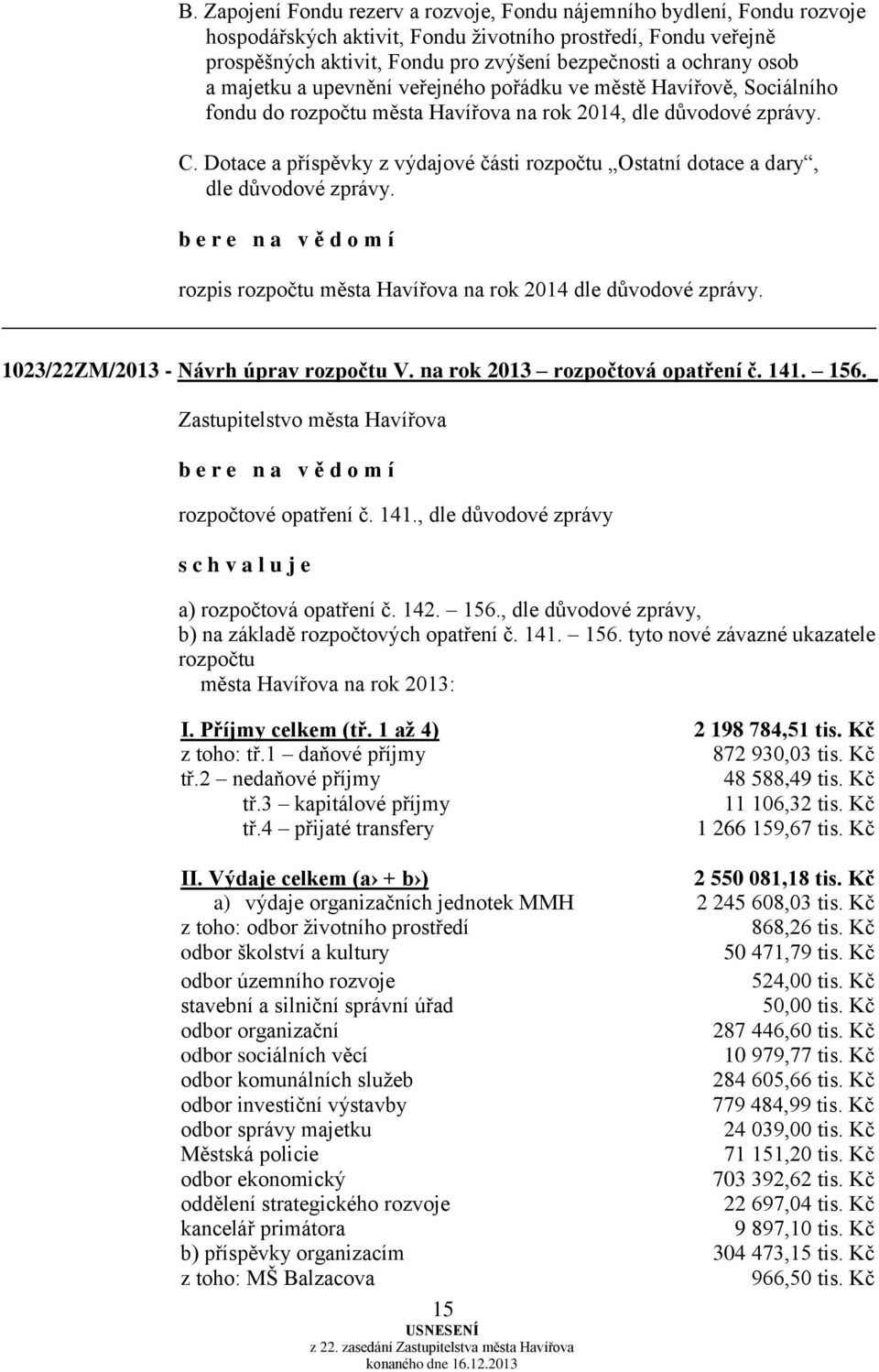 Dotace a příspěvky z výdajové části rozpočtu Ostatní dotace a dary, dle důvodové zprávy. rozpis rozpočtu města Havířova na rok 2014 dle důvodové zprávy. 1023/22ZM/2013 - Návrh úprav rozpočtu V.