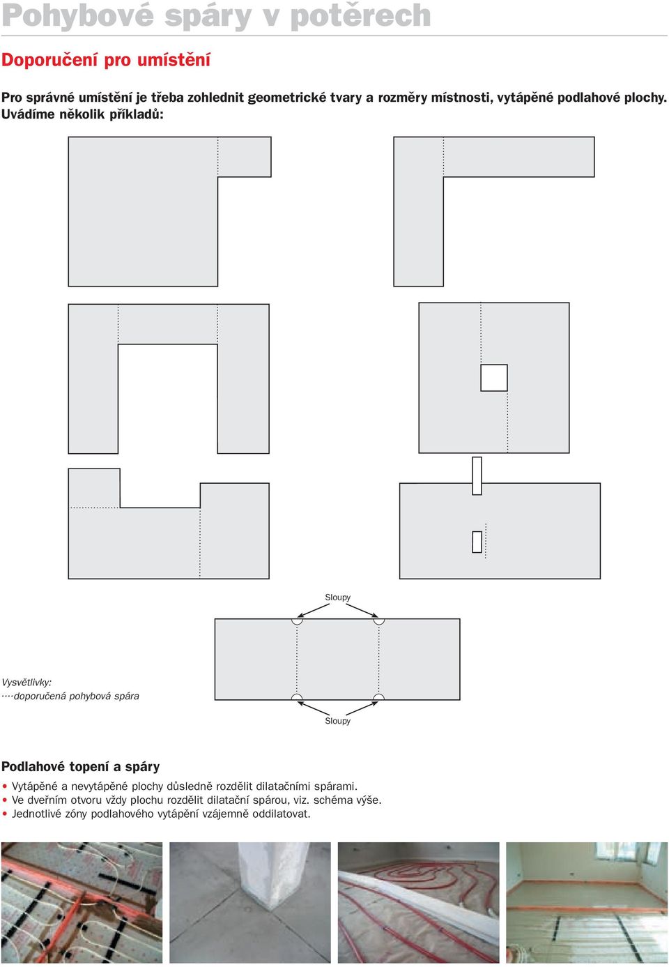 .. doporučená pohybová spára Sloupy Podlahové topení a spáry Vytápěné a nevytápěné plochy důsledně rozdělit