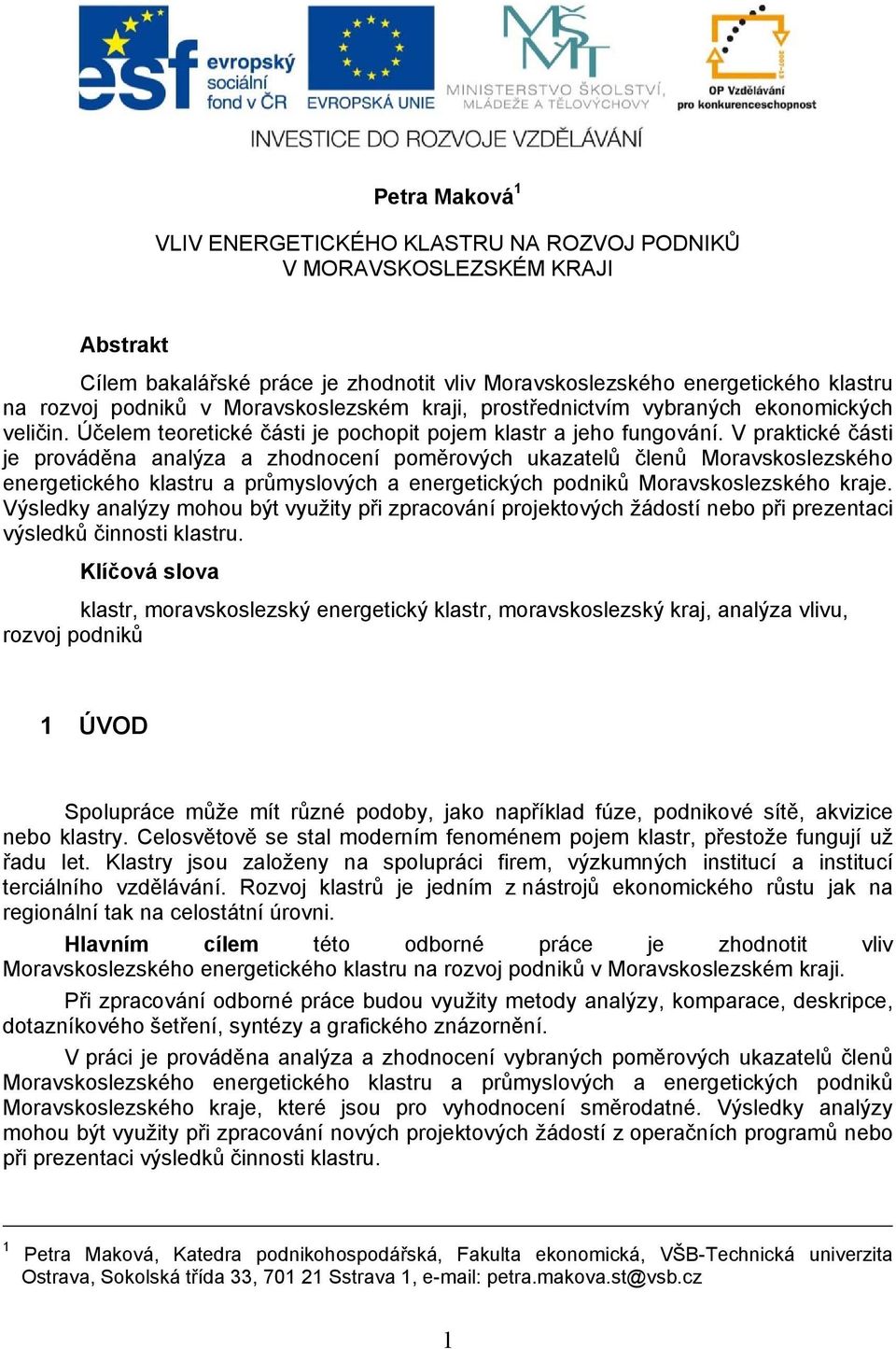 V praktické části je prováděna analýza a zhodnocení poměrových ukazatelů členů Moravskoslezského energetického klastru a průmyslových a energetických podniků Moravskoslezského kraje.