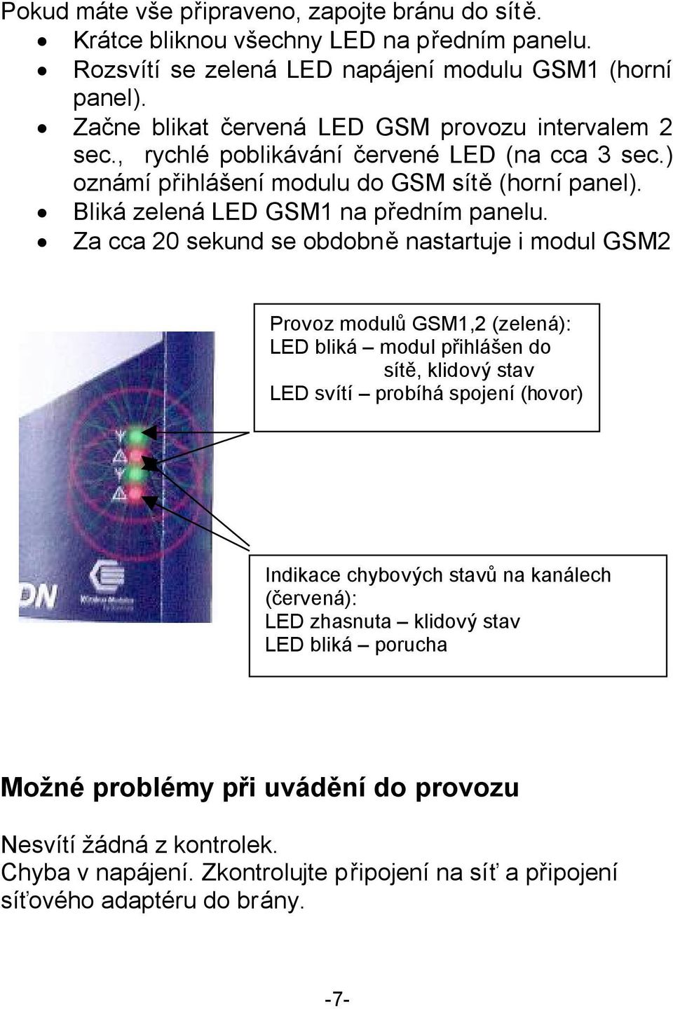 Bliká zelená LED GSM1 na předním panelu.