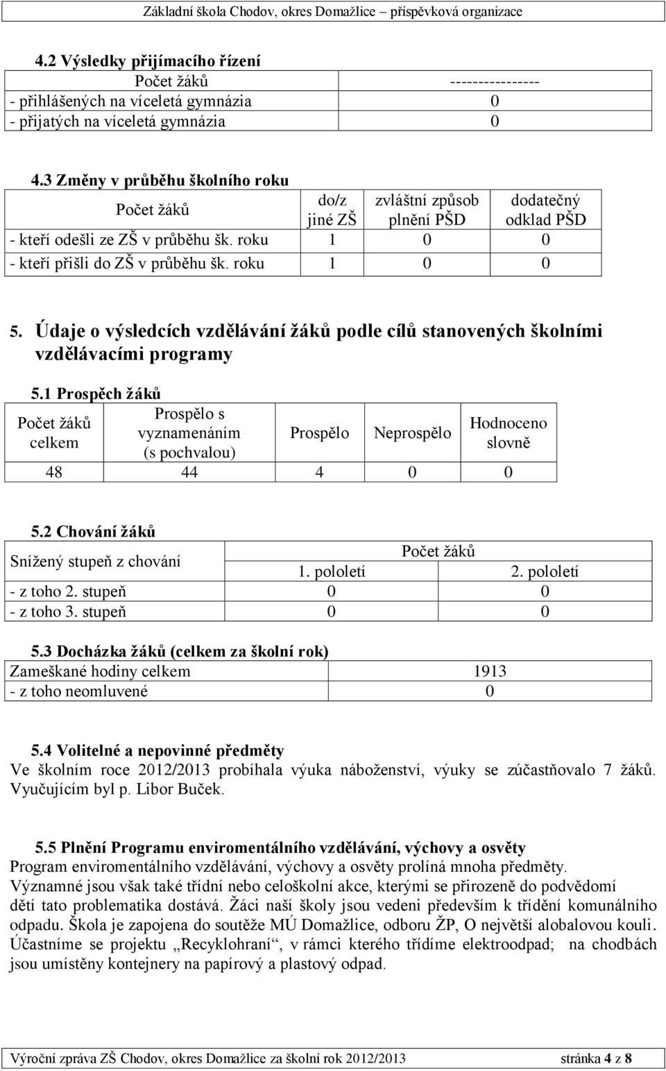 Údaje o výsledcích vzdělávání žáků podle cílů stanovených školními vzdělávacími programy 5.