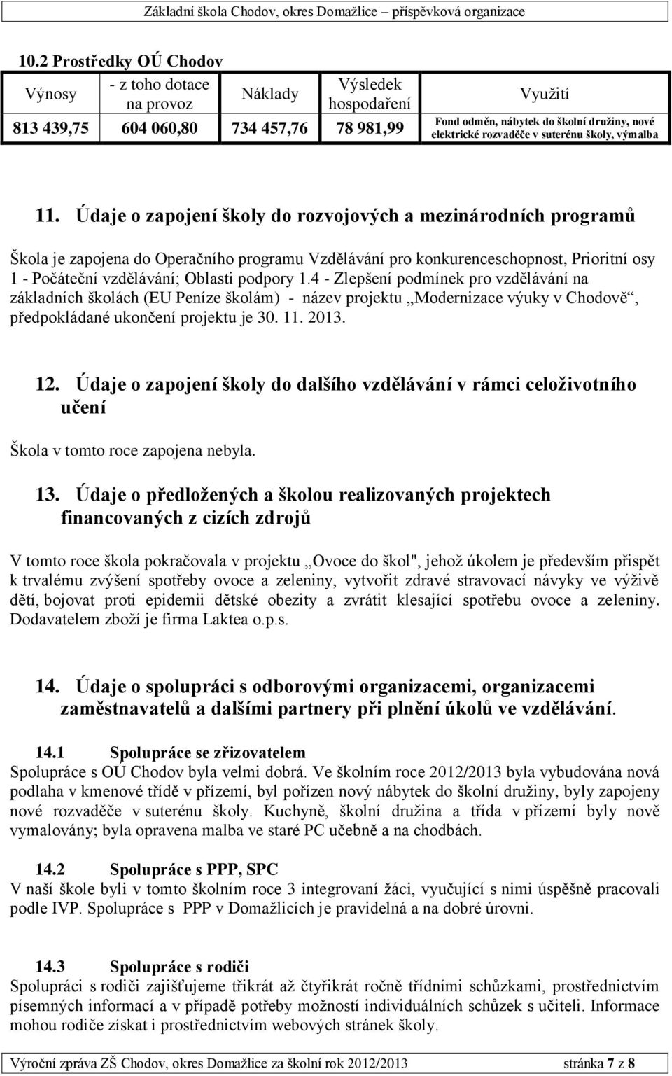 Údaje o zapojení školy do rozvojových a mezinárodních programů Škola je zapojena do Operačního programu Vzdělávání pro konkurenceschopnost, Prioritní osy 1 - Počáteční vzdělávání; Oblasti podpory 1.