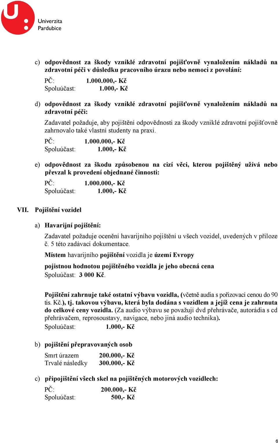 také vlastní studenty na praxi. PČ: 1.000.000,- Kč e) odpovědnost za škodu způsobenou na cizí věci, kterou pojištěný užívá nebo převzal k provedení objednané činnosti: PČ: 1.000.000,- Kč VII.