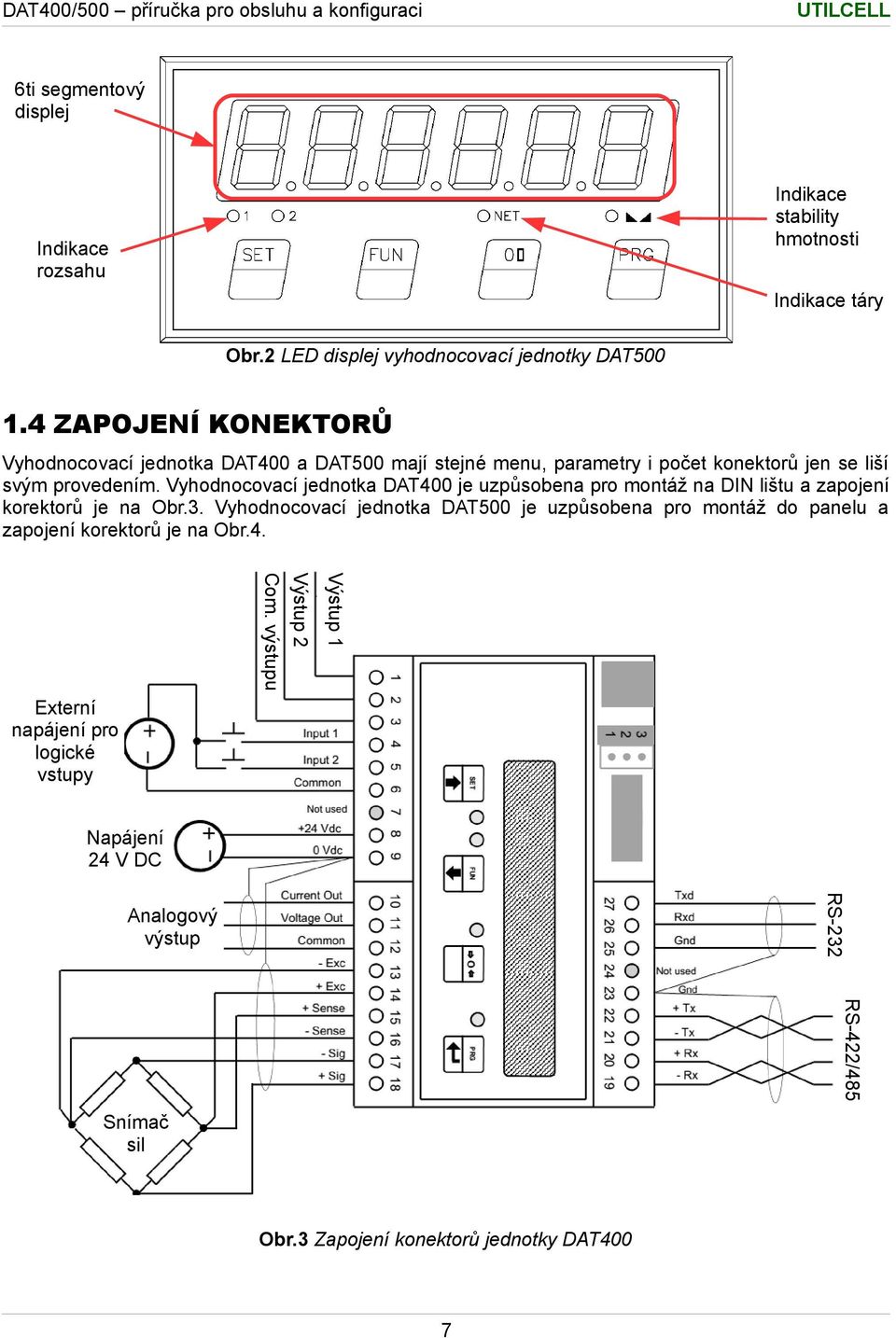 Vyhodnocovací jednotka DAT400 je uzpůsobena pro montáž na DIN lištu a zapojení korektorů je na Obr.3.