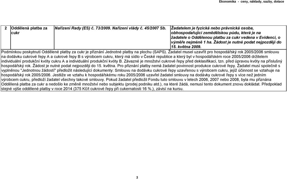 Žádost je nutné podat nejpozději do 15. května 2009. Podmínkou poskytnutí Oddělené platby za cukr je přiznání Jednotné platby na plochu (SAPS).