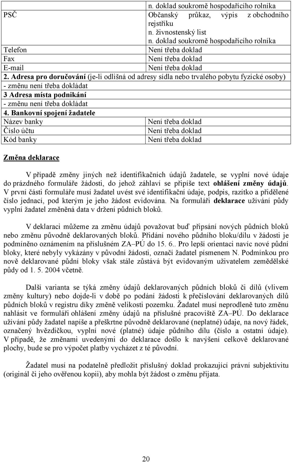 Adresa pro doručování (je-li odlišná od adresy sídla nebo trvalého pobytu fyzické osoby) - změnu není třeba dokládat 3 Adresa místa podnikání - změnu není třeba dokládat 4.