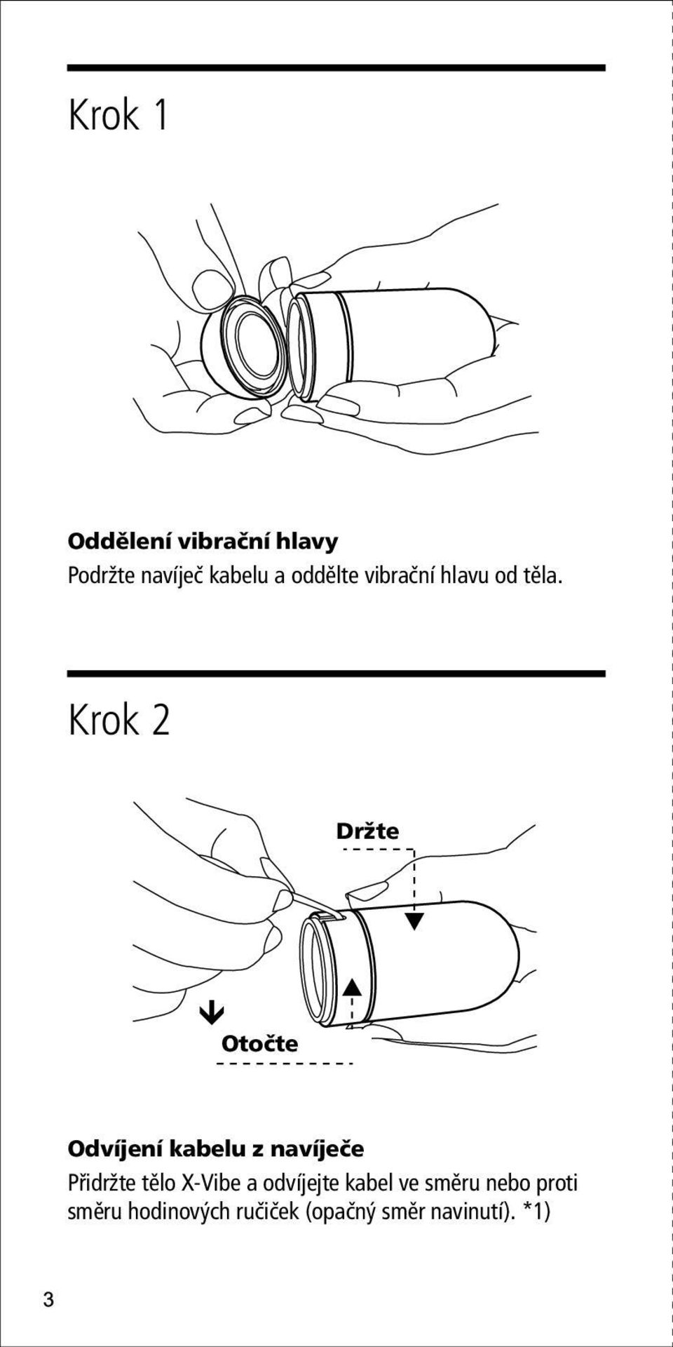 Krok 2 Držte Otočte Odvíjení kabelu z navíječe Přidržte tělo