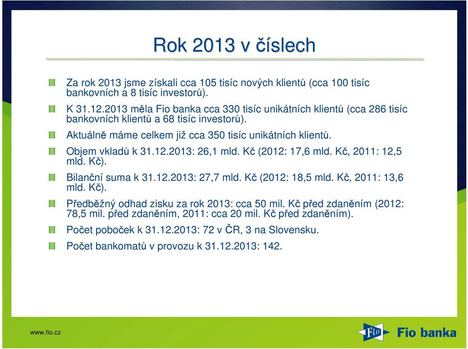 Objem vkladů k 31.12.2013: 26,1 mld. Kč (2012: 17,6 mld. Kč, 2011: 12,5 mld. Kč). Bilanční suma k 31.12.2013: 27,7 mld. Kč (2012: 18,5 mld. Kč, 2011: 13,6 mld. Kč). Předběžný odhad zisku za rok 2013: cca 50 mil.