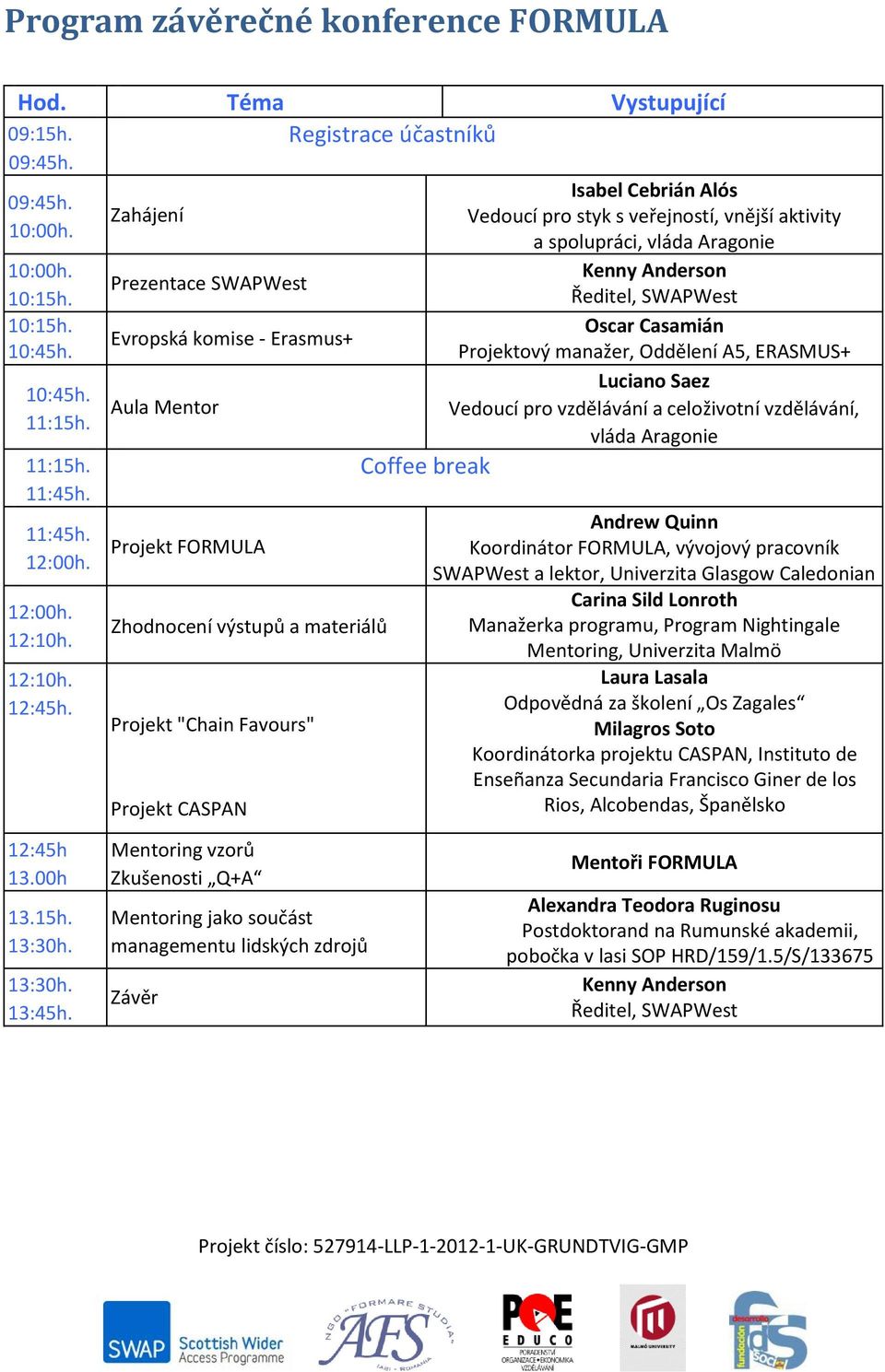 Zahájení Prezentace SWAPWest Evropská komise - Erasmus+ Aula Mentor Projekt FORMULA Zhodnocení výstupů a materiálů Projekt "Chain Favours" Projekt CASPAN Isabel Cebrián Alós Vedoucí pro styk s