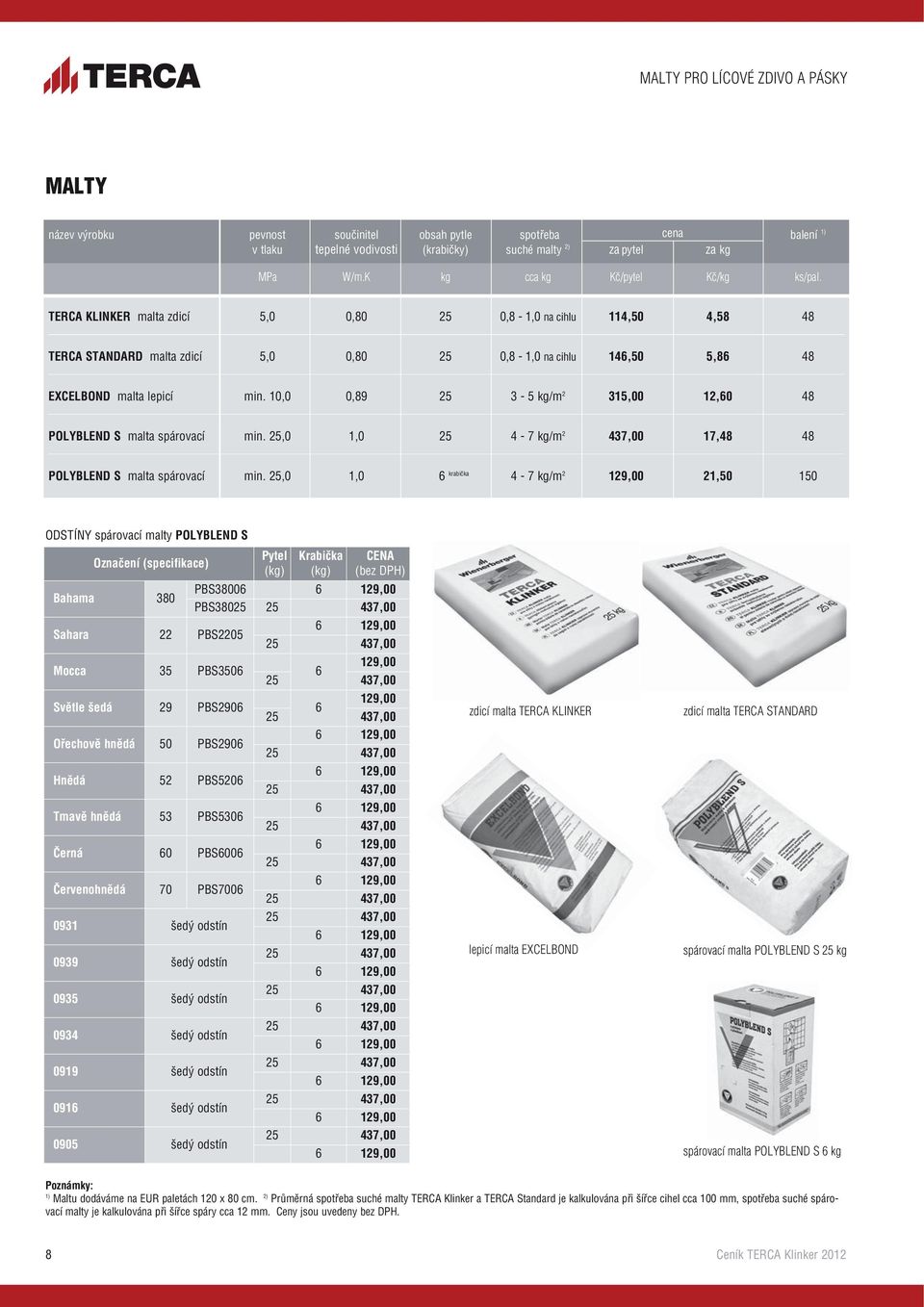 TERCA KLINKER malta zdicí 5,0 0,80 25 0,8-1,0 na cihlu 114,50 4,58 48 TERCA STANDARD malta zdicí 5,0 0,80 25 0,8-1,0 na cihlu 146,50 5,86 48 EXCELBOND malta lepicí min.