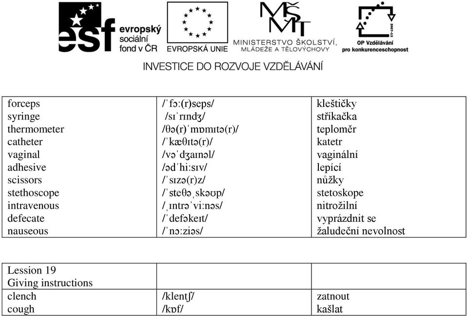 /ˌɪntrəˈviːnəs/ /ˈdefəkeɪt/ /ˈnɔːziəs/ kleštičky stříkačka teploměr katetr vaginální lepící nůžky stetoskope