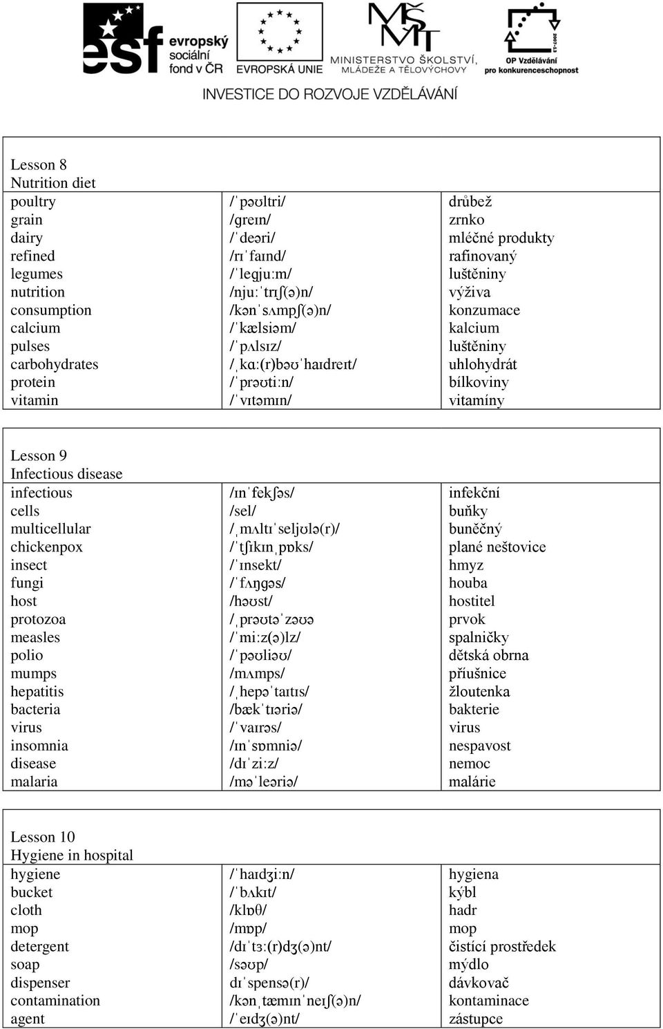 Lesson 9 Infectious disease infectious cells multicellular chickenpox insect fungi host protozoa measles polio mumps hepatitis bacteria virus insomnia disease malaria /ɪnˈfekʃəs/ /sel/