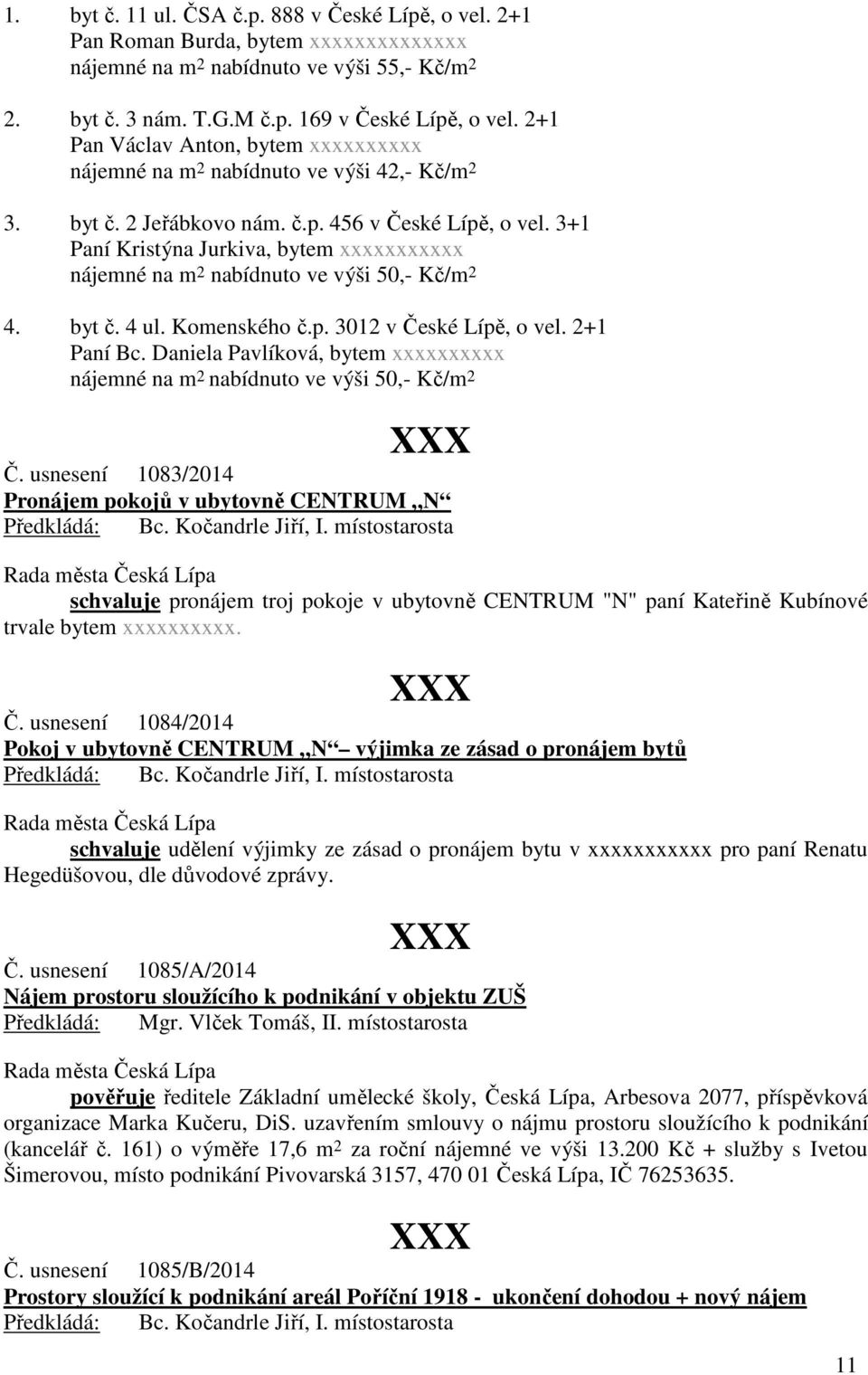 3+1 Paní Kristýna Jurkiva, bytem xxxxxxxxxxx nájemné na m 2 nabídnuto ve výši 50,- Kč/m 2 4. byt č. 4 ul. Komenského č.p. 3012 v České Lípě, o vel. 2+1 Paní Bc.