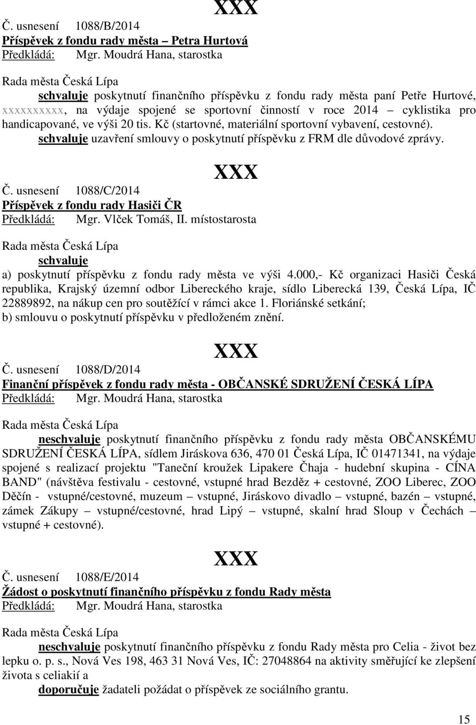 usnesení 1088/C/2014 Příspěvek z fondu rady Hasiči ČR schvaluje a) poskytnutí příspěvku z fondu rady města ve výši 4.