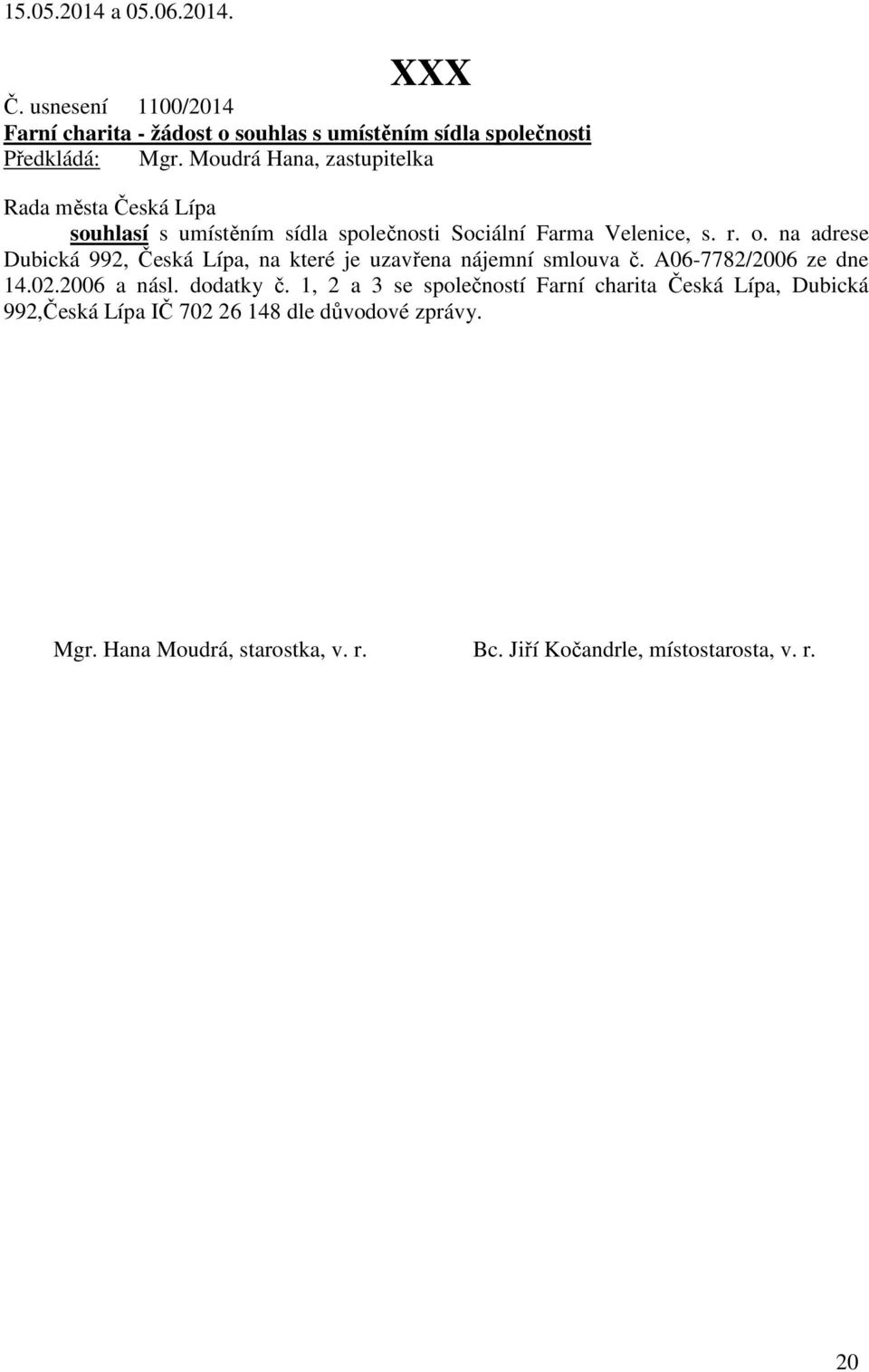 na adrese Dubická 992, Česká Lípa, na které je uzavřena nájemní smlouva č. A06-7782/2006 ze dne 14.02.2006 a násl. dodatky č.