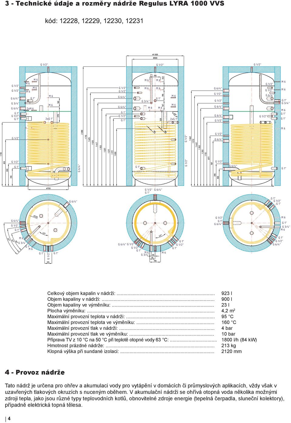 .. 10 bar Příprava TV z 10 C na 50 C při teplotě otopné vody 63 C:... 1800 l/h (84 kw) Hmotnost prázdné nádrže:... 213 kg Klopná výška při sundané izolaci:.