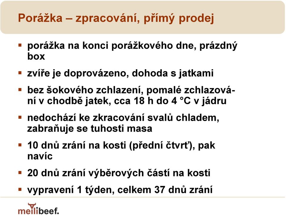 do 4 C v jádru nedochází ke zkracování svalů chladem, zabraňuje se tuhosti masa 10 dnů zrání na