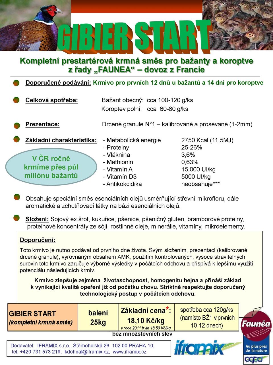 V ČR ročně krmíme přes půl miliónu bažantů - Vláknina 3,6% - Methionin 0,63% - Vitamín A 15.