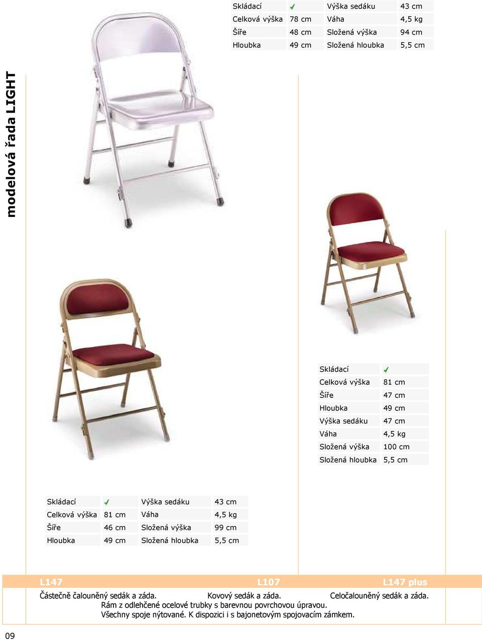 81 cm Váha 4,5 kg 46 cm Složená výška 99 cm Hloubka 49 cm Složená hloubka 5,5 cm L147 L107 L147 plus Částečně čalouněný sedák a záda. Kovový sedák a záda.