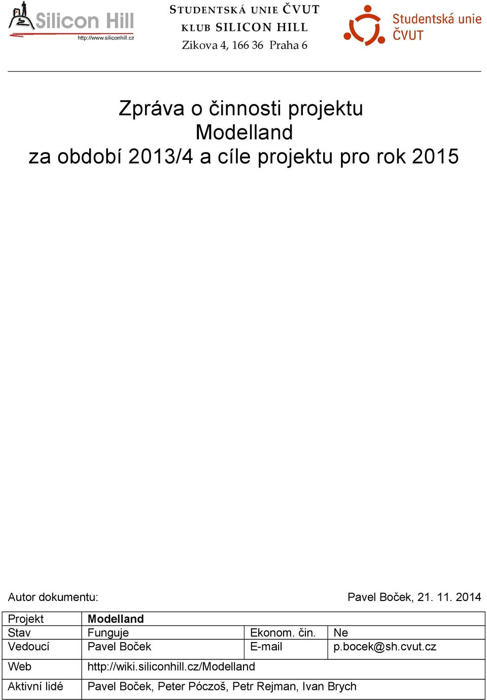 2014 Projekt Modelland Stav Funguje Ekonom. čin. Ne Vedoucí Pavel Boček E-mail p.bocek@sh.cvut.