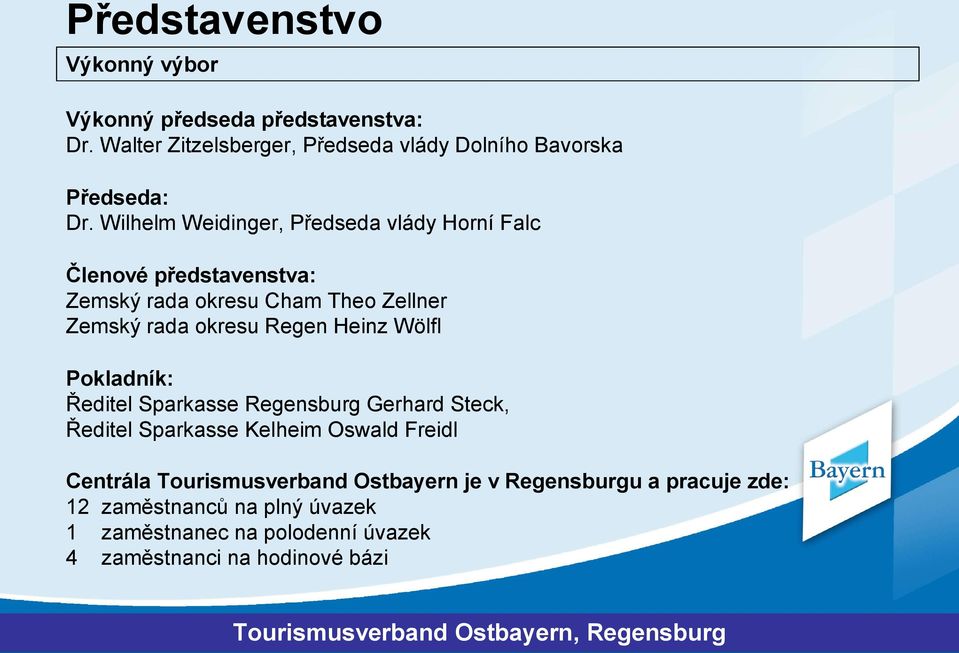 Heinz Wölfl Pokladník: Ředitel Sparkasse Regensburg Gerhard Steck, Ředitel Sparkasse Kelheim Oswald Freidl Centrála Tourismusverband