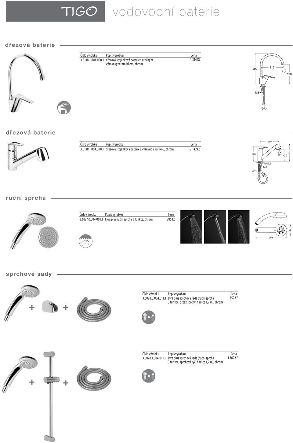 1 dřezová stojánková baterie s výsuvnou sprškou, 2 142 Kč 165 207 25º 191 130 G 3 /8" ø46,5 M6 ruční sprcha LYRA plus 3.6127.0.004.001.
