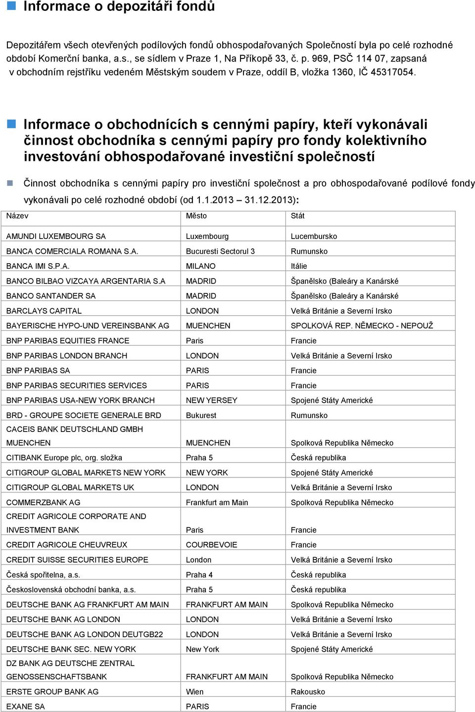 papíry pro investiční společnost a pro obhospodařované podílové fondy vykonávali po celé rozhodné období (od 1.1.2013 31.12.