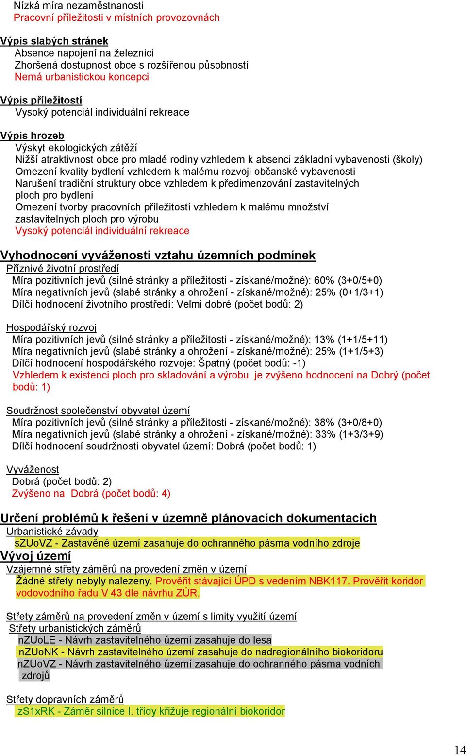 Omezení kvality bydlení vzhledem k malému rozvoji občanské vybavenosti Narušení tradiční struktury obce vzhledem k předimenzování zastavitelných ploch pro bydlení Omezení tvorby pracovních