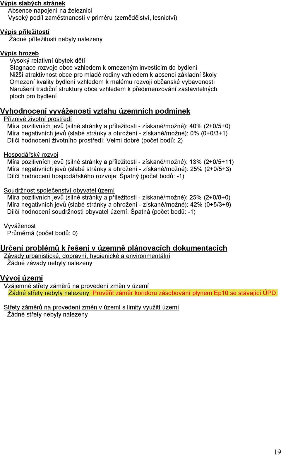 rozvoji občanské vybavenosti Narušení tradiční struktury obce vzhledem k předimenzování zastavitelných ploch pro bydlení Vyhodnocení vyváženosti vztahu územních podmínek Příznivé životní prostředí