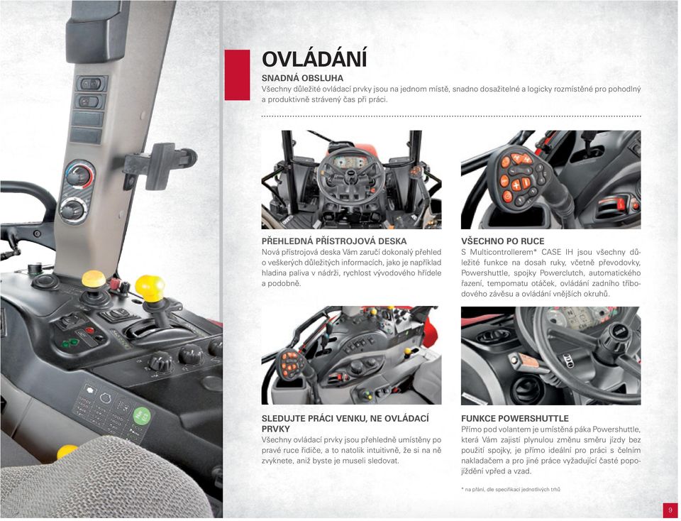 VŠECHNO PO RUCE S Multicontrollerem* CASE IH jsou všechny důležité funkce na dosah ruky, včetně převodovky, Powershuttle, spojky Powerclutch, automatického řazení, tempomatu otáček, ovládání zadního