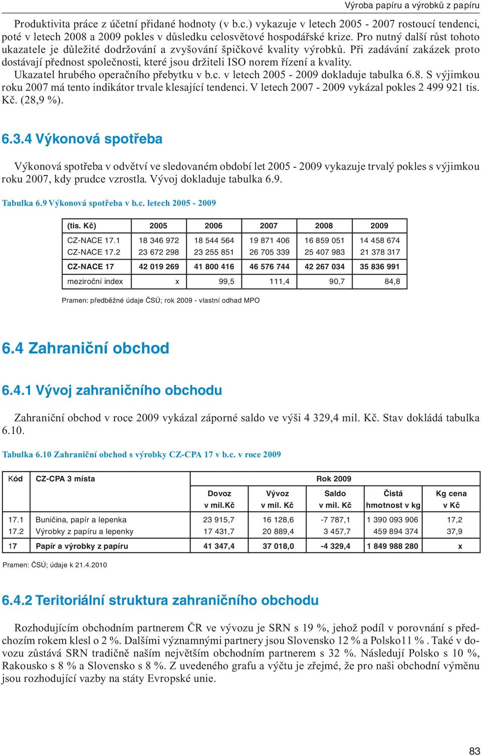 Při zadávání zakázek proto dostávají přednost společnosti, které jsou držiteli ISO norem řízení a kvality. Ukazatel hrubého operačního přebytku v b.c. v letech 2005-2009 dokladuje tabulka 6.8.