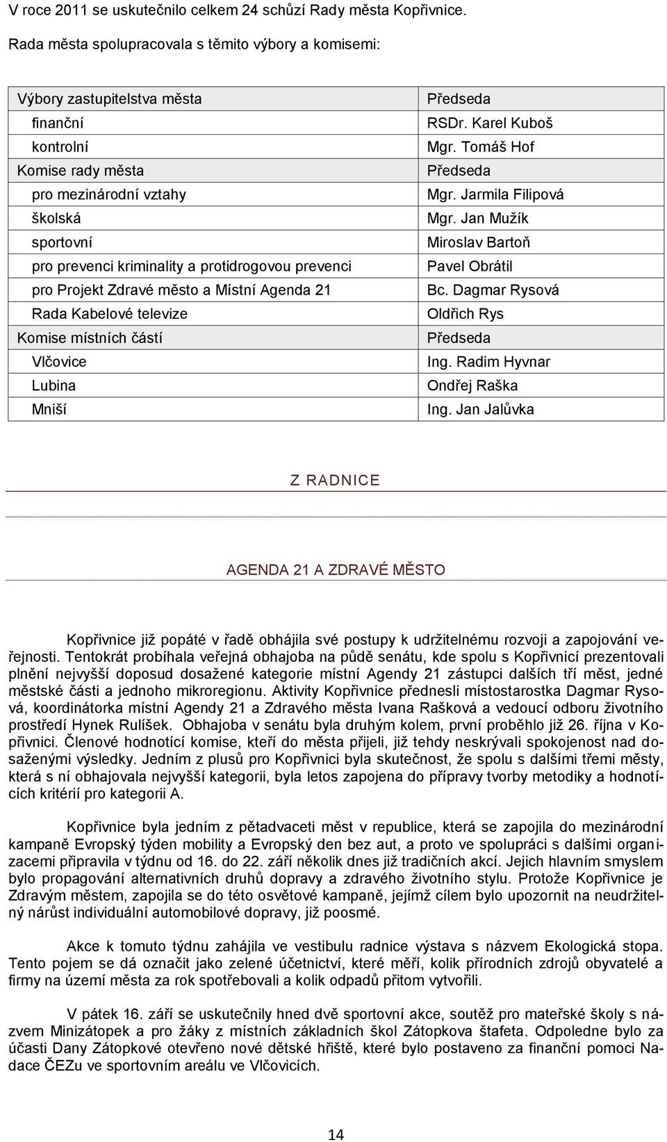 protidrogovou prevenci pro Projekt Zdravé město a Místní Agenda 21 Rada Kabelové televize Komise místních částí Vlčovice Lubina Mniší Předseda RSDr. Karel Kuboš Mgr. Tomáš Hof Předseda Mgr.