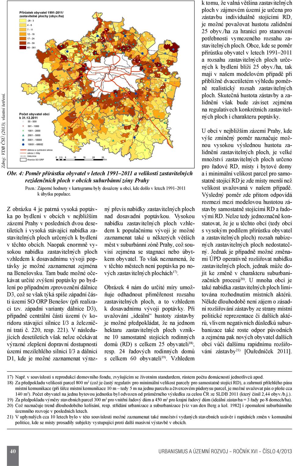 4: Poměr přírůstku obyvatel v letech 1991 2011 a velikosti zastavitelných rezidenčních ploch v obcích suburbánní zóny Prahy Pozn.