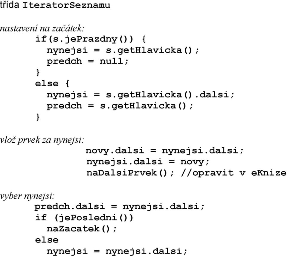 gethlavicka(); vlož prvek za nynejsi: novy.dalsi = nynejsi.dalsi; nynejsi.