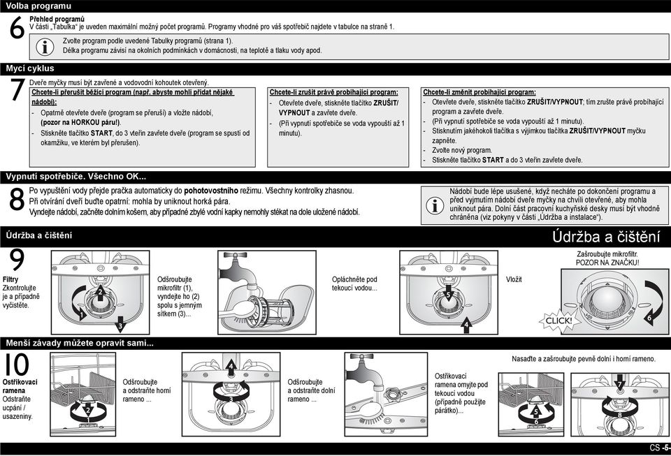 Délka programu závisí na okolních podmínkách v domácnosti, na teplotě a tlaku vody apod. Dveře myčky musí být zavřené a vodovodní kohoutek otevřený. Chcete-li přerušit běžící program (např.