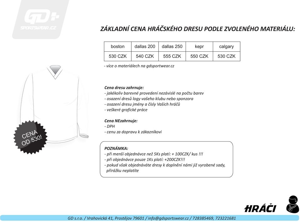 cz Cena dresu zahrnuje: - jakékoliv barevné provedení nezávislé na poètu barev - osazení dresù logy vašeho klubu nebo sponzora - osazení dresu