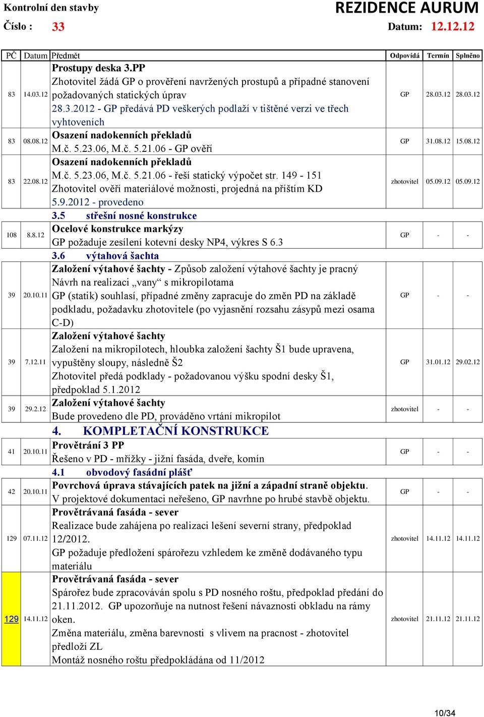 2012 - GP předává PD veškerých podlaží v tištěné verzi ve třech vyhtoveních Osazení nadokenních překladů M.č. 5.23.06, M.č. 5.21.06 - GP ověří Osazení nadokenních překladů M.č. 5.23.06, M.č. 5.21.06 - řeší statický výpočet str.