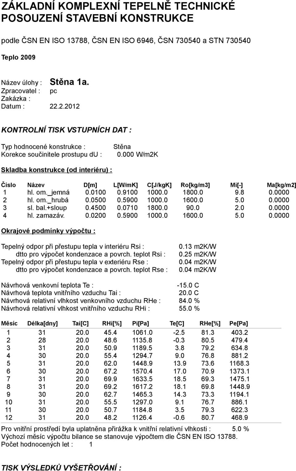 000 W/m2K Skladba konstrukce (od interiéru) : Číslo Název D[m] L[W/mK] C[J/kgK] Ro[kg/m3] Mi[-] Ma[kg/m2] 1 hl. om._jemná 0.0100 0.9100 1000.0 1800.0 9.8 0.0000 2 hl. om._hrubá 0.0500 0.5900 1000.