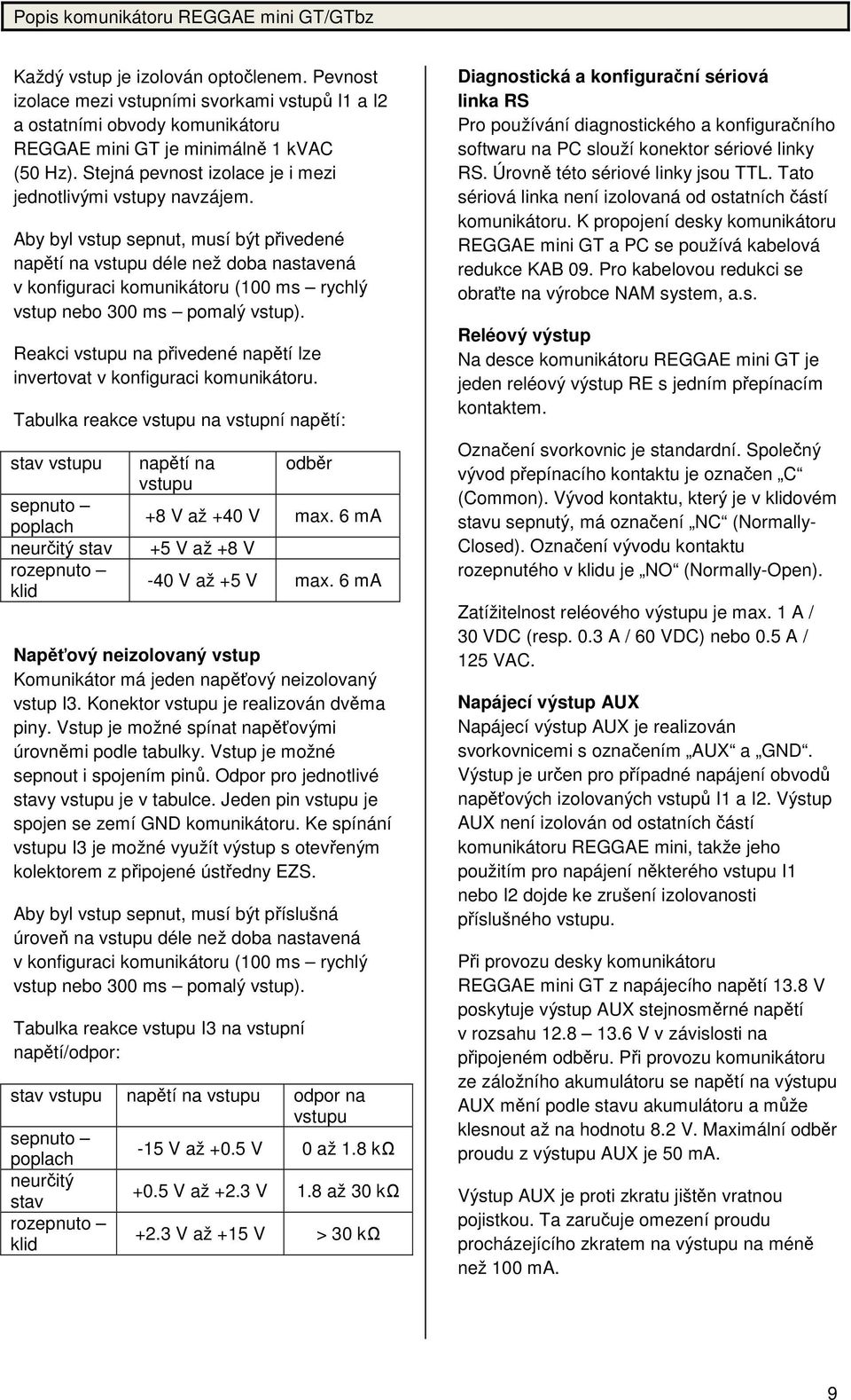 Aby byl vstup sepnut, musí být přivedené napětí na vstupu déle než doba nastavená v konfiguraci komunikátoru (100 ms rychlý vstup nebo 300 ms pomalý vstup).