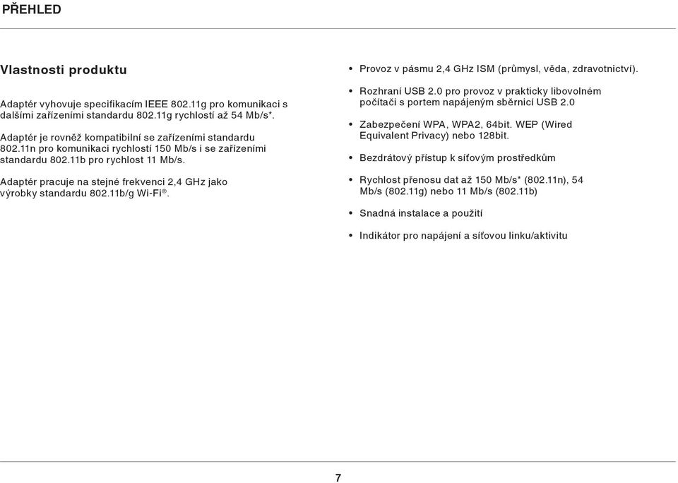 Adaptér pracuje na stejné frekvenci 2,4 GHz jako výrobky standardu 802.11b/g Wi-Fi. Provoz v pásmu 2,4 GHz ISM (průmysl, věda, zdravotnictví). Rozhraní USB 2.