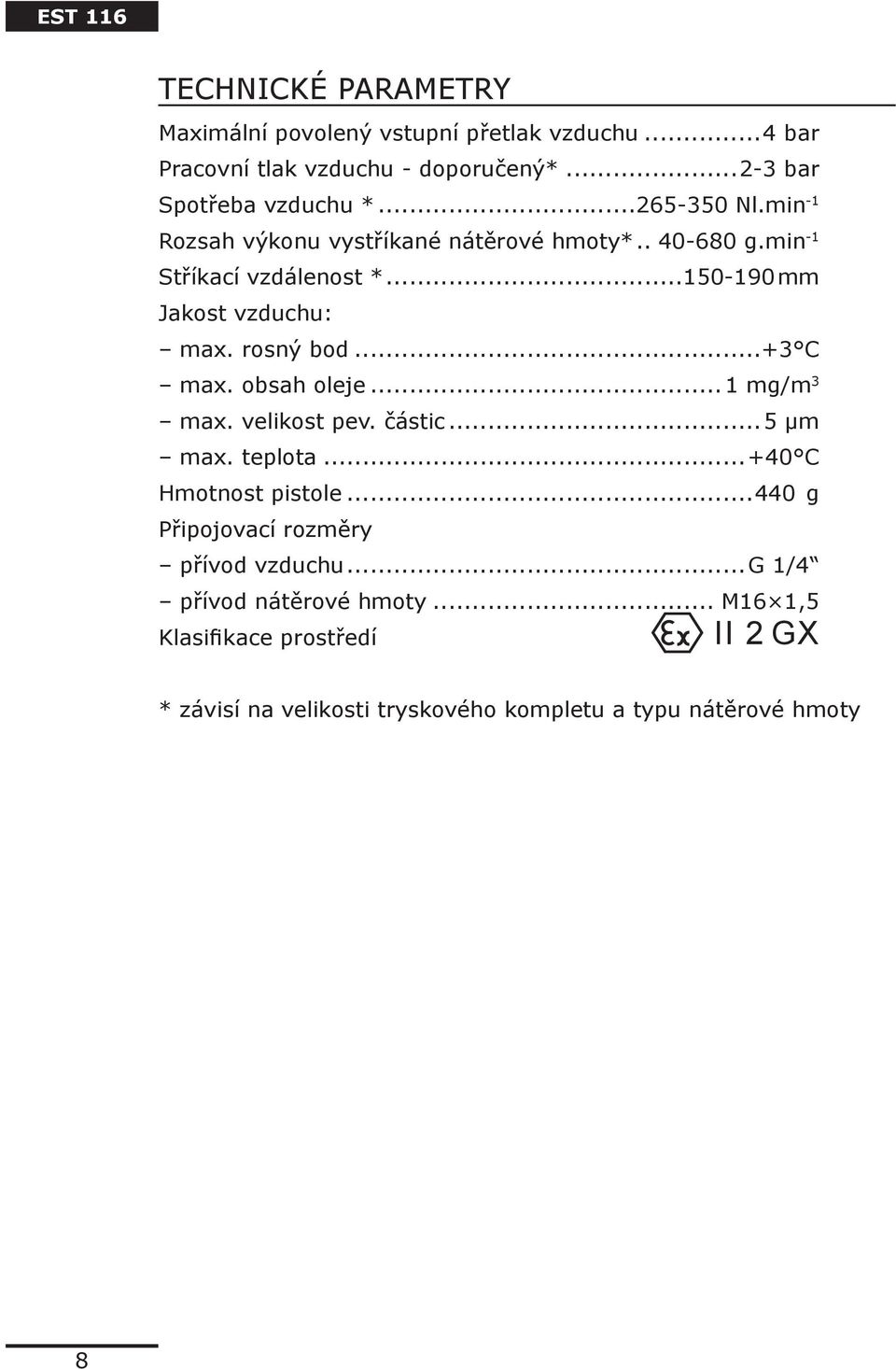 rosný bod...+3 C max. obsah oleje... 1 mg/m 3 max. velikost pev. částic...5 μm max. teplota...+40 C Hmotnost pistole.