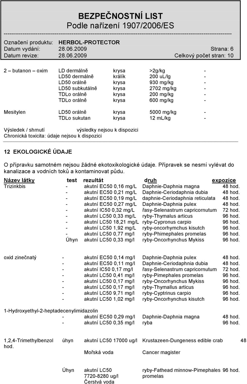 krysa 600 mg/kg - Mesitylen LD50 orálně krysa 5000 mg/kg - TDLo sukutan krysa 12 ml/kg - Výsledek / shrnutí výsledky nejsou k dispozici Chronická toxicita: údaje nejsou k dispozici 12 EKOLOGICKÉ